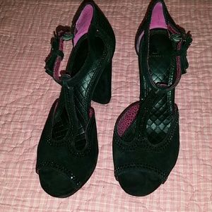 Black suede with black gem outline chunky heels